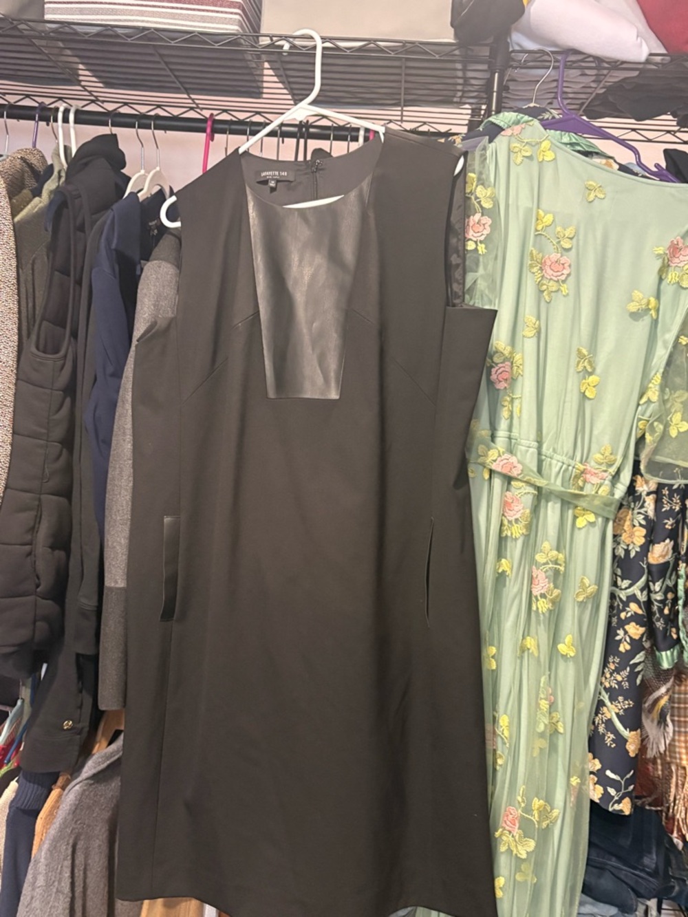 Lafayette 148 New York Black Sleeveless Shift Dress with Faux-Leather Yoke